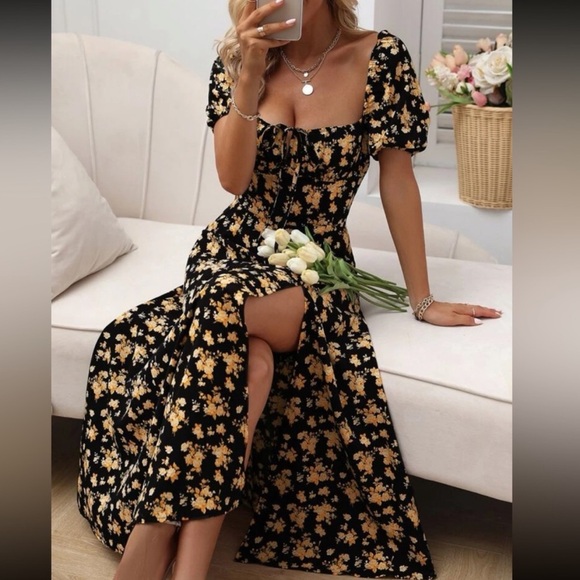 Boho floral print know front slit thigh maxi dress - Picture 1 of 6